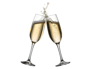 Two champagne flutes clinking together with a splash of bubbly liquid isolated on transparent background