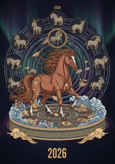 Year Of The Horse 2026 Illustration - Symbolic illustration of the year of the horse 2026. Concepts: strength, elegance, freedom, prosperity, and good fortune