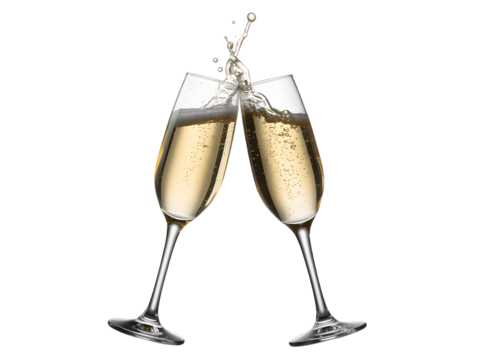 Two champagne flutes clinking together with a splash of bubbly liquid isolated on transparent background