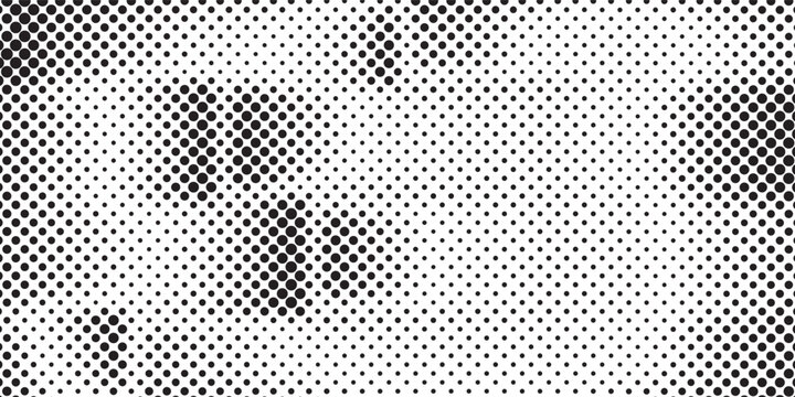 Abstract halftone dot pattern background, graphic element with black dots in various sizes for stylish digital designs, simple and versatile visual concepts.