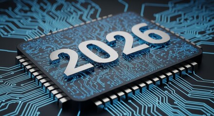 2026 Microchip Technology Concept - Illustration of a microchip with the year 2026, symbolizing future technology and advancements