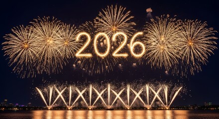 2026 New Year Fireworks Display - Spectacular fireworks display forming the year 2026 over a body of water at night, celebrating the upcoming year