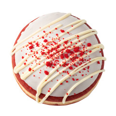 Red velvet donut with white icing drizzle and red crumbs isolated PNG — ideal for dessert menus, bakery ads, sweet treat packaging, and food design projects