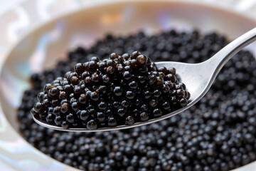 macro close-up of a spoon lifting luxurious black sturgeon caviar from a mother-of-pearl bowl, showcasing this gourmet delicacy