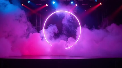 A vibrant, circular neon light against a backdrop of swirling, pink and purple fog, illuminated by blue and red stage lights - Powered by Adobe