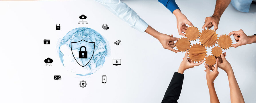 A diverse group of individuals collaborates on cybersecurity solutions, emphasizing teamwork and innovation in a digital world filled with risks and threats. Trope