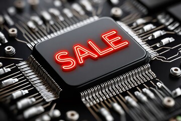 Sale message glowing on computer chip and circuit board