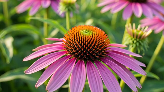 Echinacea purpurea close-up - Vibrant purple petals and orange cone.