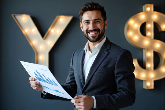 happy and successful young businessman in a suit, smiling while holding a financial growth chart in a modern office with lighted currency symbols - Powered by Adobe