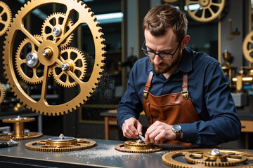 focused male watchmaker in an apron, meticulously working with tiny tools to assemble the intricate brass gears of a large clock mechanism