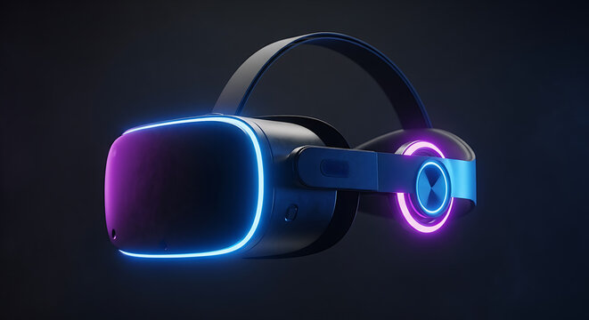 A modern virtual reality headset illuminated with neon blue and pink lights on a dark studio background, showcasing futuristic technology in a highly detailed product shot.