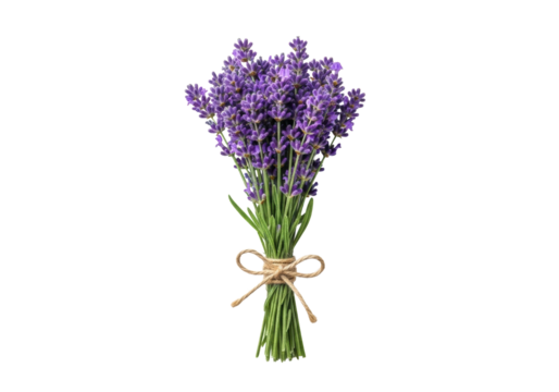 Small, detailed bouquet of deep purple lavender with green stems/leaves, bound by rustic twine, isolated on a seamless transparent studio background with copy space, serene natural wellness concept