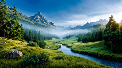 A picturesque landscape featuring a winding river flowing through a lush green valley with majestic mountains and a clear blue sky in the background