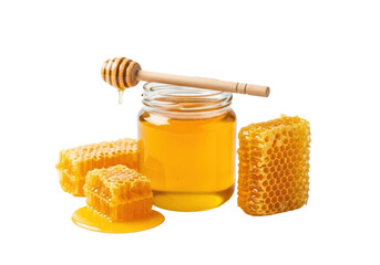 Pristine clear glass jar of golden liquid honey, wooden dipper, golden honeycombs, fresh honey pool on a white studio background with soft lighting, concept of natural purity