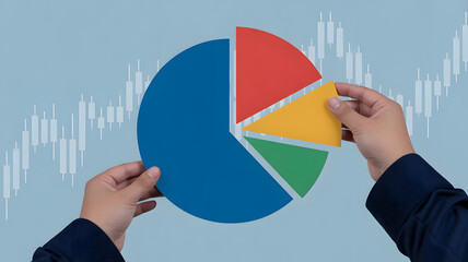 Hands assembling a colorful pie chart with financial stock market graph overlay symbolizing data analysis and business strategy