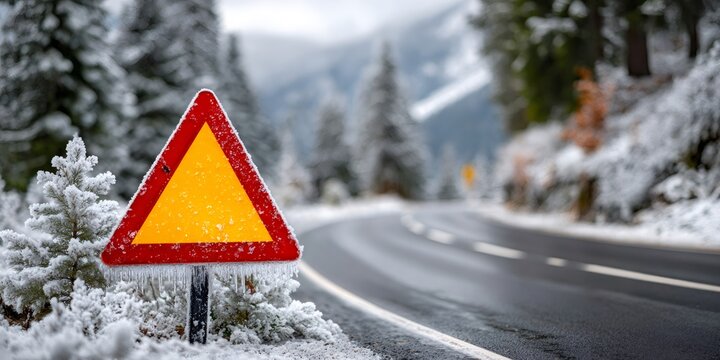 Warning road sign on a snowy mountain road in winter
