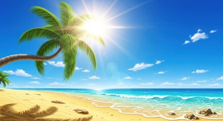 Vibrant tropical beach scene with a leaning palm tree, bright sun, clear blue sky, and turquoise ocean waves gently lapping on a sandy shore, evoking a perfect summer vacation