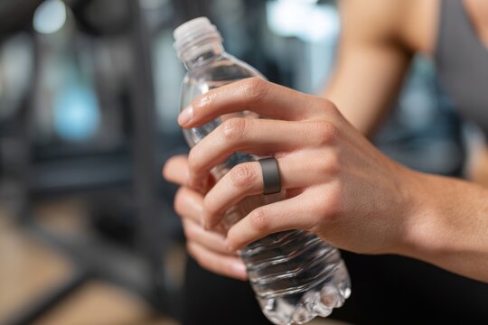 Fingers wearing smart ring measuring pulse and breathing during workout holding water bottle