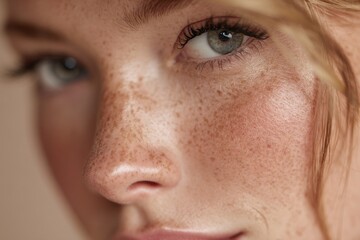 Obraz premium Close-up of natural bare face with healthy glowing skin minimal makeup in soft natural light