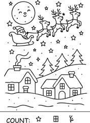 Christmas Crew printable coloring page for kids, santa sleigh and reindeer, kindergarten worksheet