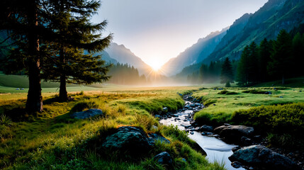A serene landscape featuring a river flowing through a lush green valley with a sunset casting a warm glow over the scene