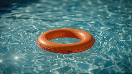 An orange lifebuoy floating on the water surface in a pool or open water setting.