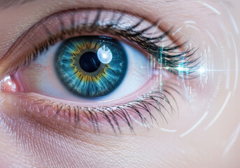 Human eye, intricate blue-green iris, ultra-high resolution, clean high-key backdrop with abstract digital elements and bokeh, concept of advanced vision and technology