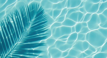 Closeup overhead view of clear turquoise swimming pool water with sunlight creating shimmering patterns and a dark shadow of a palm frond on the surface