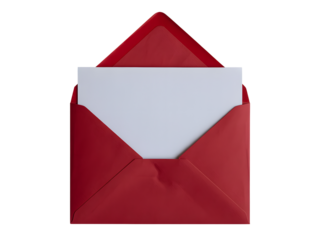 A single open red envelope with a blank white card peeking out isolated on transparent background
