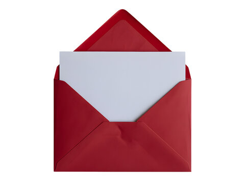 A single open red envelope with a blank white card peeking out isolated on transparent background