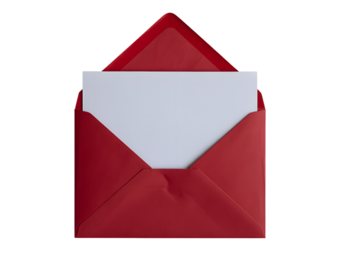 A single open red envelope with a blank white card peeking out isolated on transparent background - Powered by Adobe