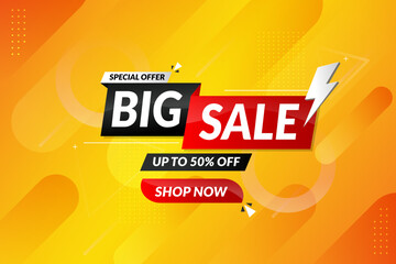 Big sale banner with bold discount shapes, promotional urgency, shopper attraction, retail campaign boost, ecommerce visibility, limited offer awareness, marketing sale concept