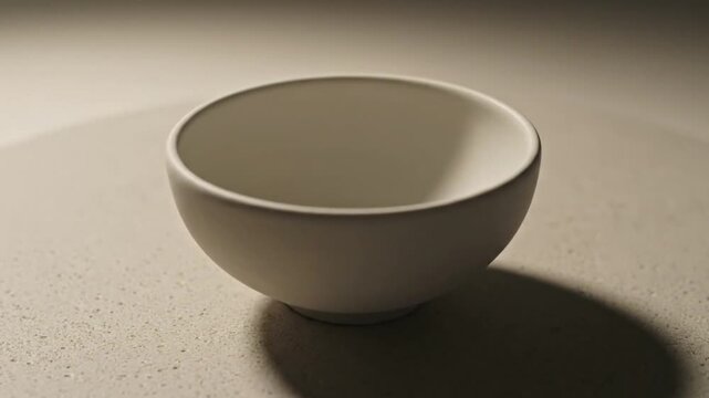 Minimalist empty white ceramic bowl on a neutral textured surface with soft lighting