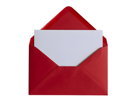Open red envelope with a white card or letter inside isolated on transparent background