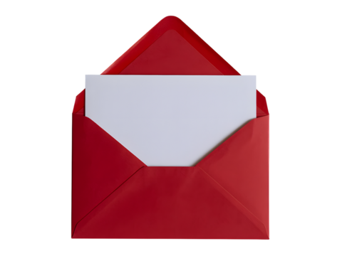 Open red envelope with a white card or letter inside isolated on transparent background