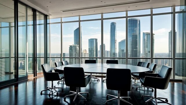 Modern conference room with large windows overlooking city skyline and empty meeting table