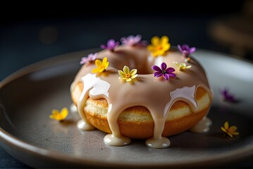 Gourmet donut topped with pale pink icing, decorated with small edible yellow and purple flowers against a dark, dramatic background.