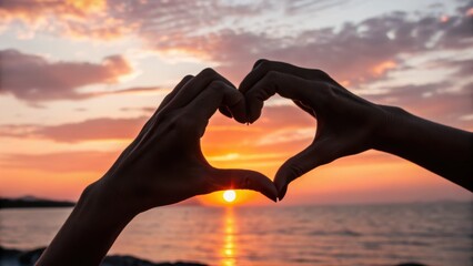 Hands forming heart shape against vibrant sunrise over ocean
