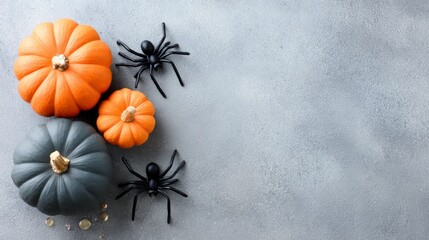 Spooky Halloween Decor Featuring Colorful Pumpkins and Creepy Spiders on a Textured Gray Background, Perfect for Festive Celebrations and Autumn Vibes
