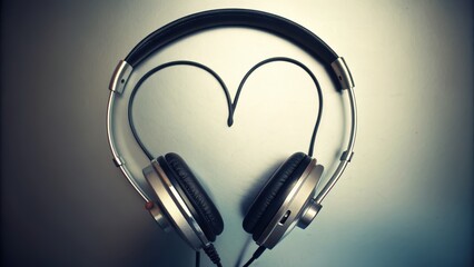 Headphones forming a heart silhouette with romantic connection