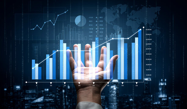 This striking image features a hand presenting a futuristic data visualization, including growing charts and metrics, symbolizing success in business analytics and financial growth. Scalp