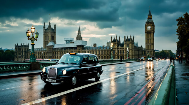 A black taxi cab driving on a wet street in London with the Big Ben clock tower in the background - Powered by Adobe
