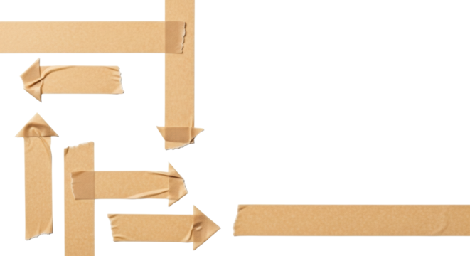 Multiple light brown masking tape pieces with ripped, textured edges, arranged on a transparent background with ample copy space, creating abstract forms, concept of strategic emphasis and