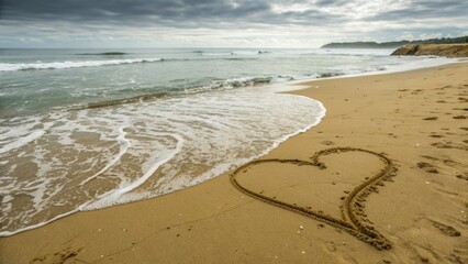 Heart drawn in the sand with waves gently approaching
