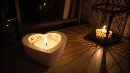 Heart shaped candle glowing softly in the dark