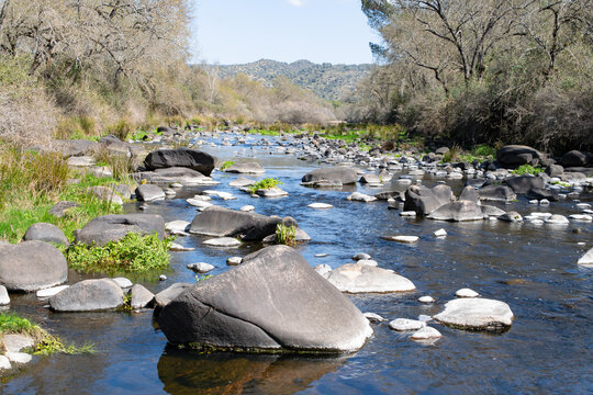 A stream of fresh, cold water from the melting snow of the high mountains flows down a spectacular sunny day at midday with intense light.