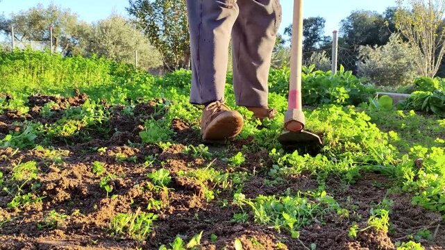 Digging with a hoe in the garden to prepare the soil for cultivation