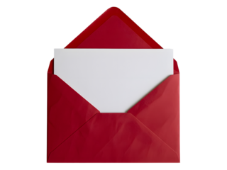 Open red envelope with blank white paper card inside isolated on transparent background