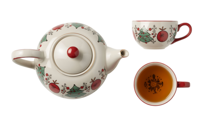 Christmas teapot and cup isolated on transparent background for festive tea time