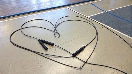 Jump rope arranged in a heart shape on gym floor